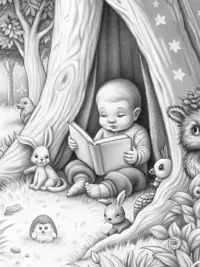 Baby reading with forest friends