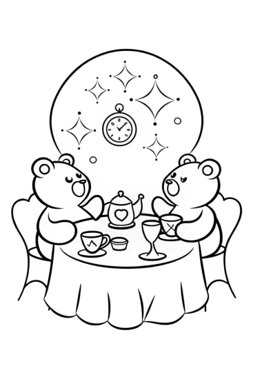 A coloring page of Care Bears time travel tea party