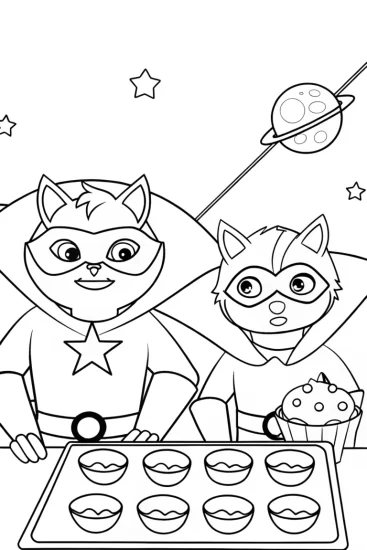 A coloring page of Superhero pets baking in space
