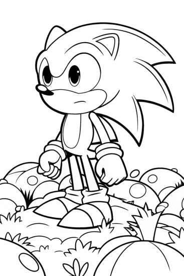 A coloring page of Sonic gardening on an alien planet