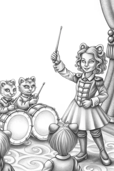 A coloring page of Gabby conducting her kitten band