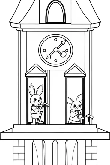 A coloring page of Bunnies working in a clocktower