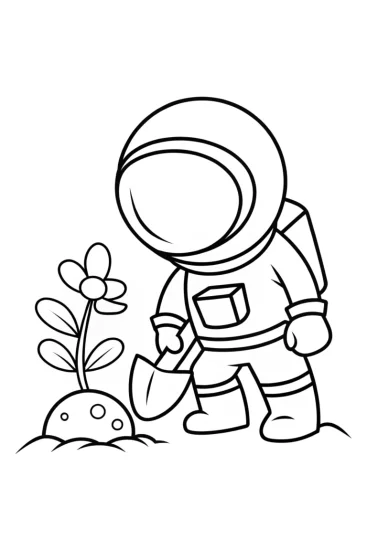 A coloring page of Gnome astronaut planting seeds