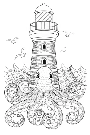 A coloring page of Ollie the octopus at the lighthouse