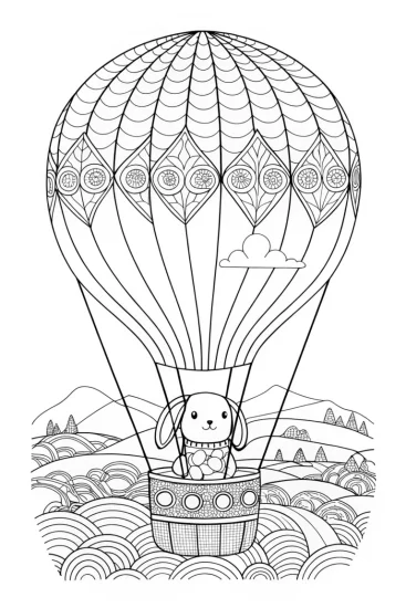 A coloring page of Pompompurin’s balloon adventure