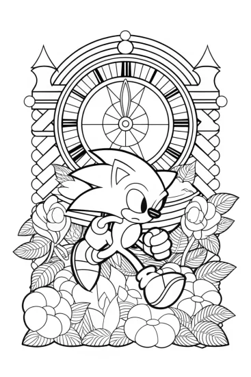 A coloring page of Sonic racing against a clock