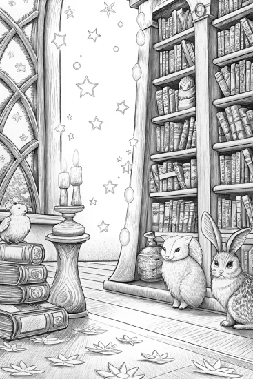 A coloring page of Animals in the enchanted library