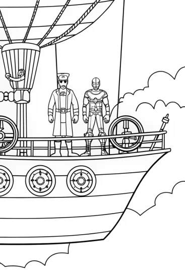 A coloring page of Avengers on a steampunk airship