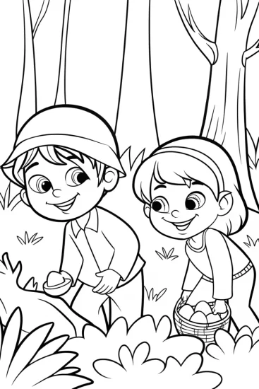 A coloring page of Children treasure hunting in forest