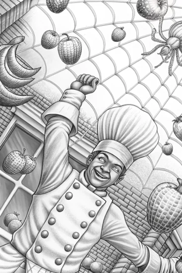 A coloring page of Spider chef juggling fruits
