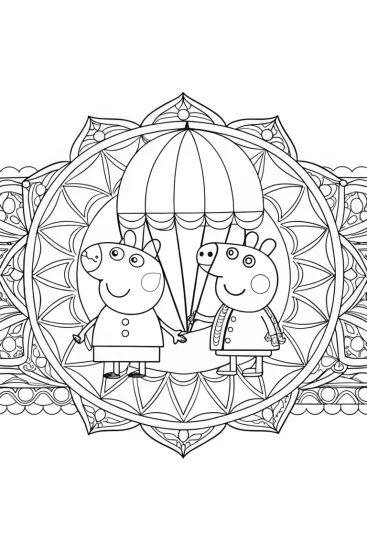 A coloring page of Peppa Pig’s time-traveling adventure