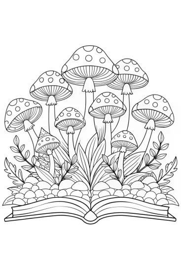 A coloring page of Mushrooms exploring a magical book
