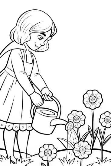 A coloring page of Flora watering cosmic flowers