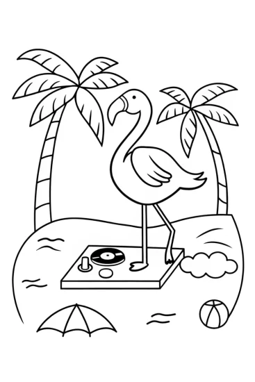 A coloring page of Flamingo DJ at the beach party