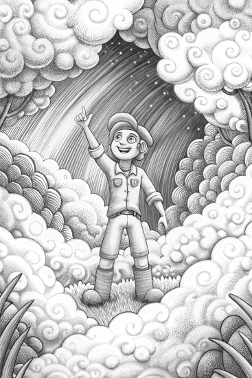 A coloring page of Blippi with cloud creatures