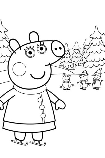 A coloring page of Peppa Pig winter wonderland