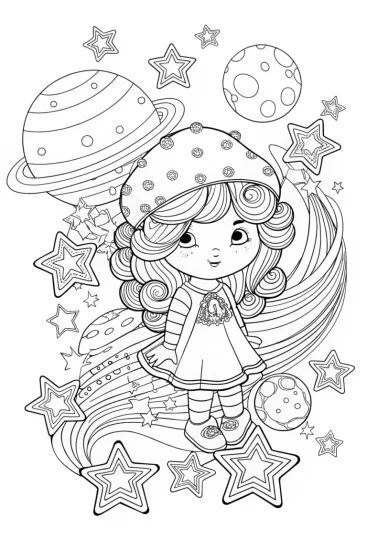 A coloring page of Strawberry Shortcake in space