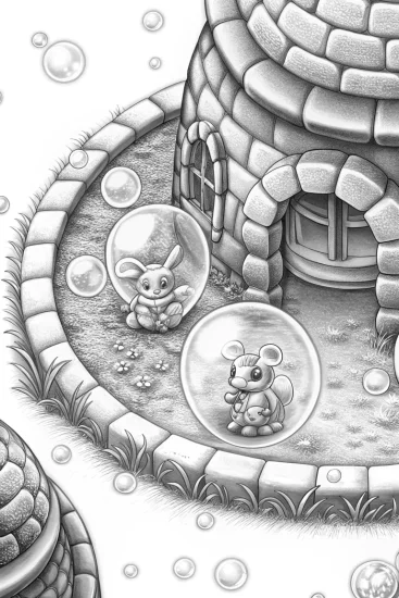 A coloring page of Tiny creatures in a bubble castle