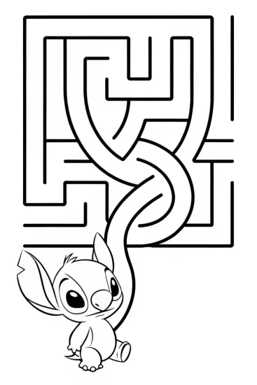 A coloring page of Stitch exploring a thread labyrinth