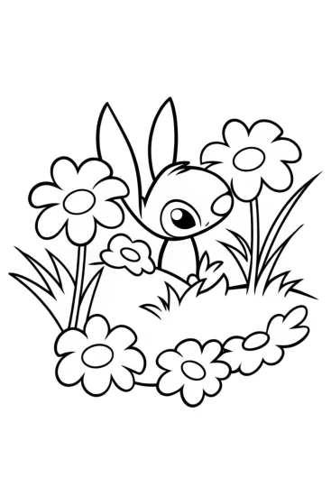 A coloring page of Stitch in a fabric garden