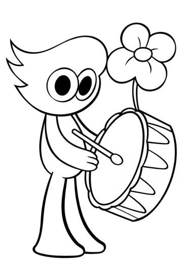 A coloring page of Huggy Wuggy playing a poppy drum
