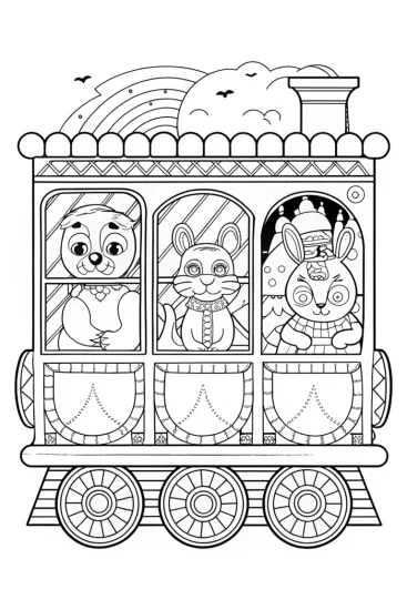 A coloring page of Animals on a time-traveling train