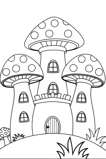 A coloring page of Mushrooms building a fantasy castle