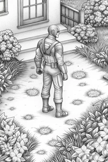 A coloring page of Captain America in a garden
