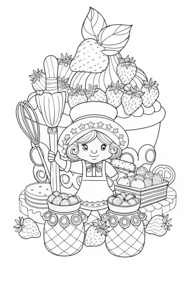 A coloring page of Strawberry Shortcake’s recipe adventure