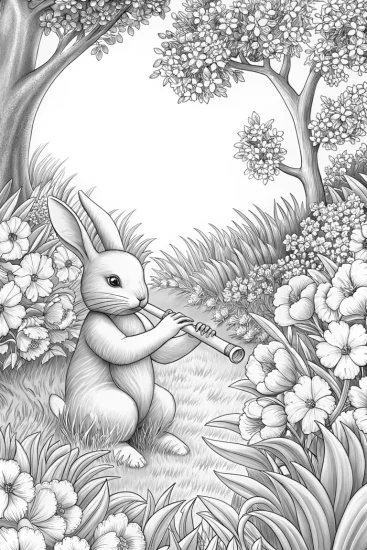 A coloring page of Rabbit playing music in spring garden