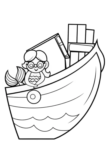 A coloring page of Mermaid librarian in a sunken ship