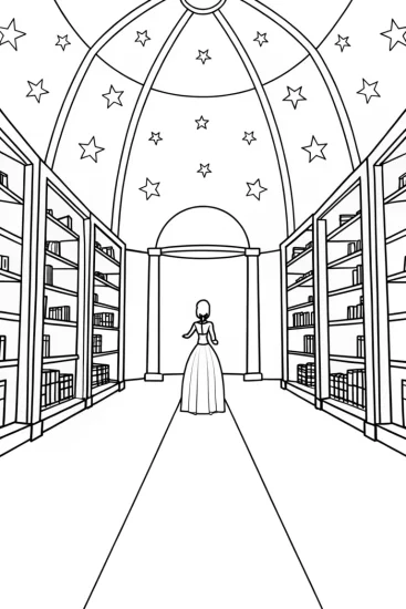 A coloring page of Princess in the celestial library