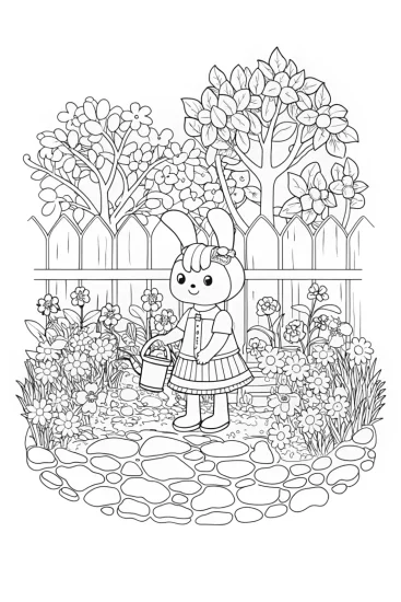 A coloring page of Kuromi mixing potions in a garden