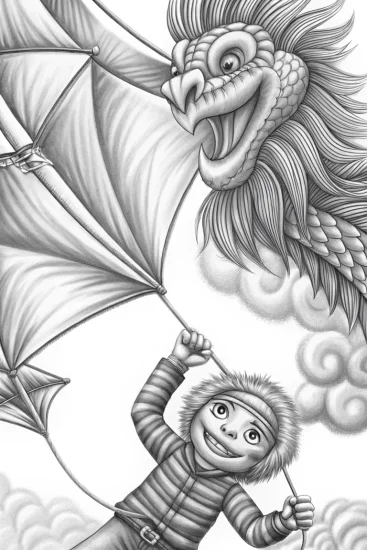 A coloring page of Huggy Wuggy flying a dragon kite