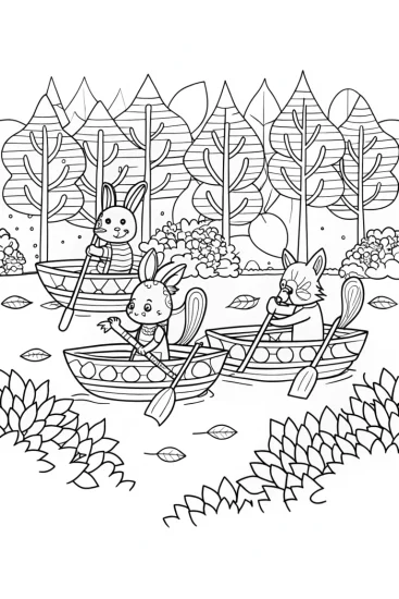 A coloring page of Woodland creatures leaf boat race