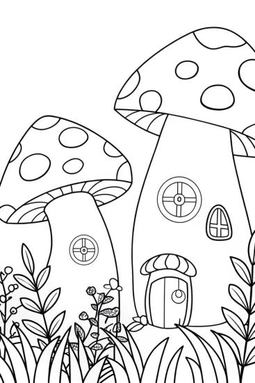 A coloring page of Mushrooms as timekeepers in a garden