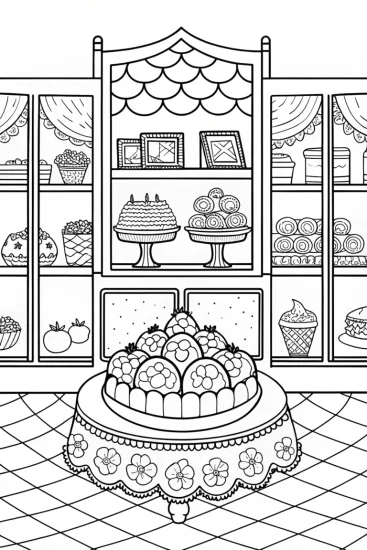 A coloring page of Strawberry Shortcake’s art gallery