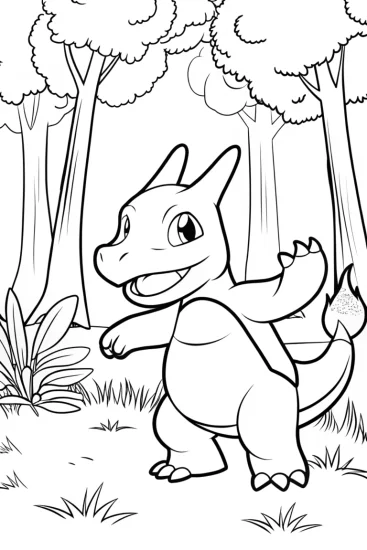 A coloring page of Charizard dancing in the forest