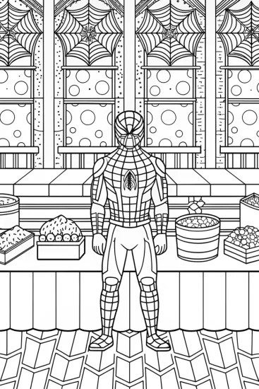 A coloring page of Miles Morales at the science fair