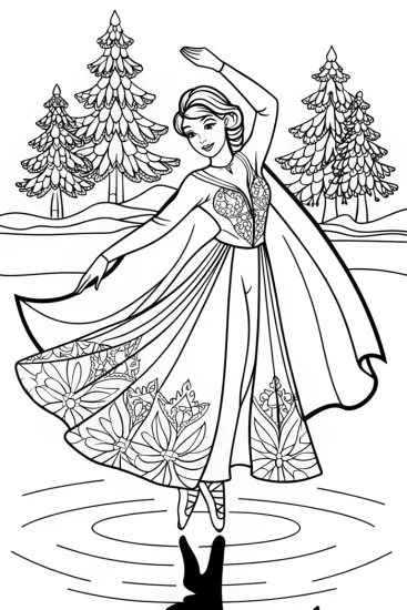 A coloring page of Elsa dancing on a frozen lake
