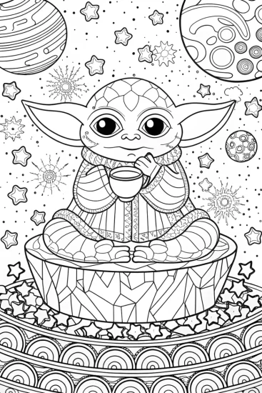 A coloring page of Baby Yoda’s cosmic tea time