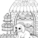 Puppy in a whimsical bakery