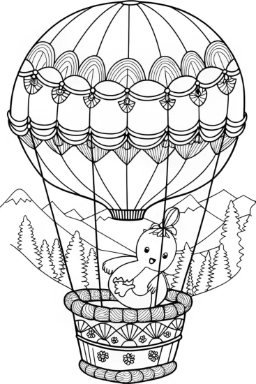 A coloring page of Chick’s balloon ride