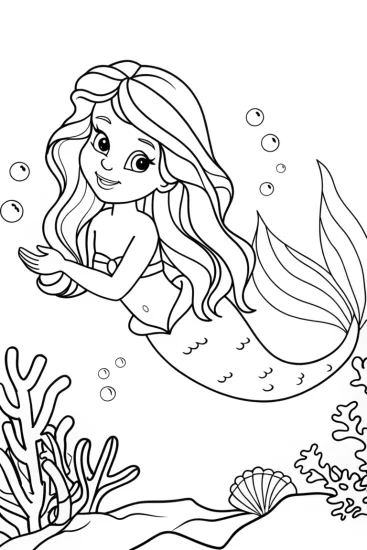 A coloring page of Mermaid crafting coral sculptures