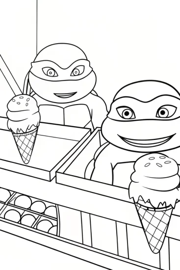 A coloring page of Teenage Mutant Ninja Turtles ice cream parlor