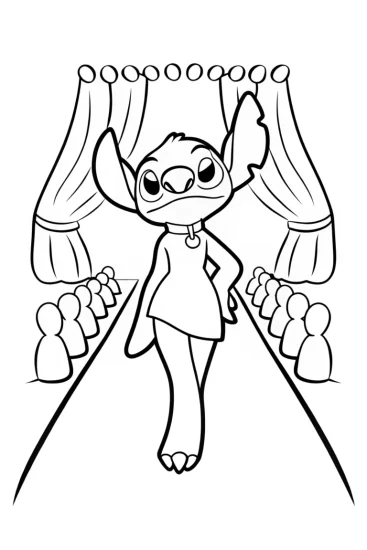 A coloring page of Stitch at the fashion show
