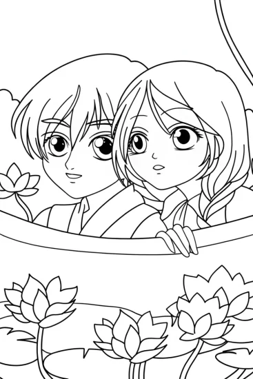 A coloring page of Anime friends in a floating garden