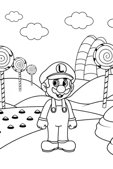 A coloring page of Luigi in a candy wonderland