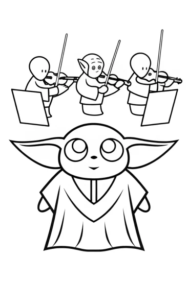 A coloring page of Baby Yoda conducting an orchestra
