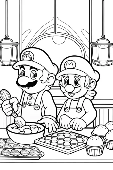 A coloring page of Mario and Luigi baking challenge